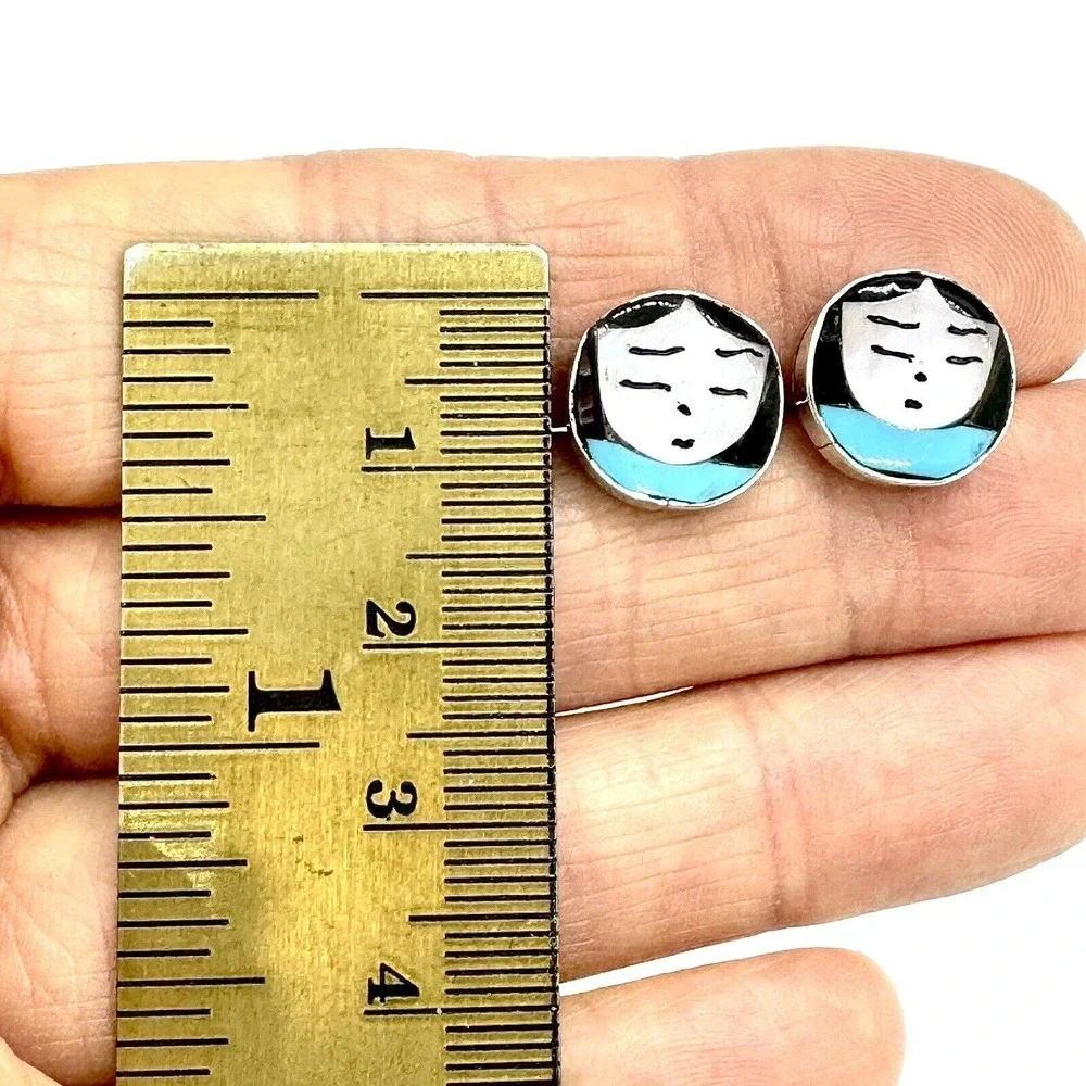 Zuni Inlay Indian Maiden Stud Earrings Turquoise Signed Joyce Waseta Woman Face